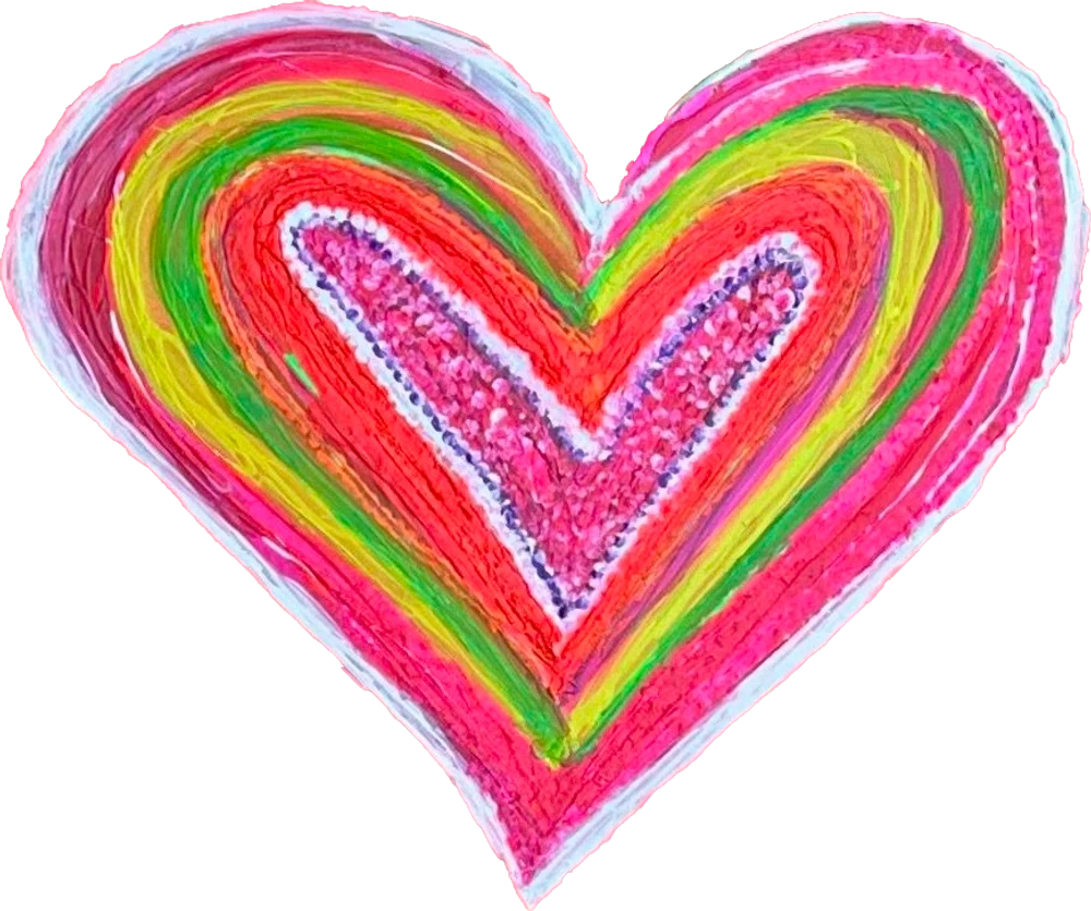 A hand-painted heart filled with bright pink, green, yellow and white layers